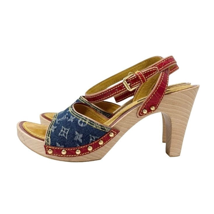 LOUIS VUITTON Vintage Logo Monogram Sandals Heels #36.5 Blue Red Leather