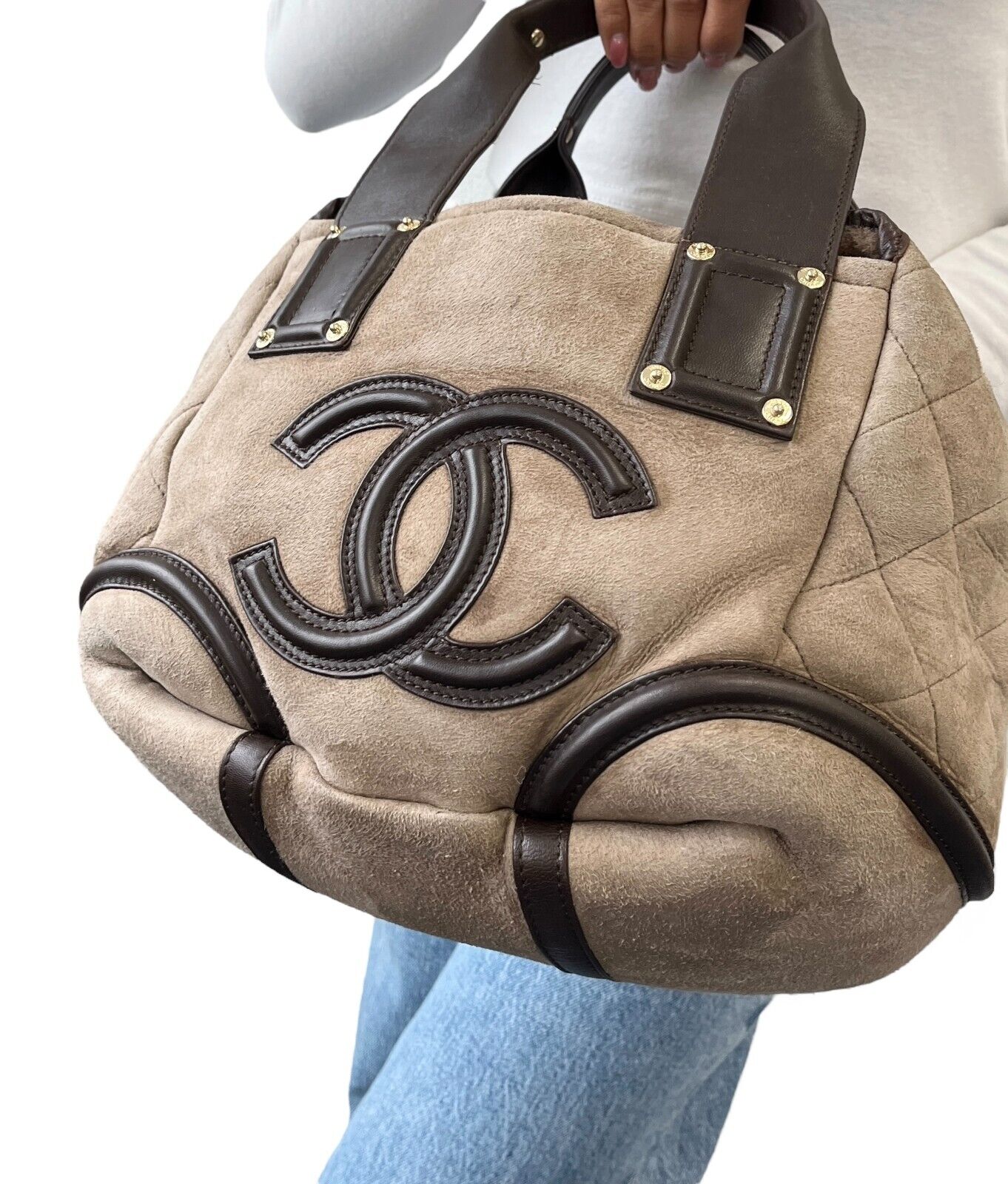 CHANEL Vintage CC Logo Tote Bag Matelasse Snap Button Brown Gold Suede Leather