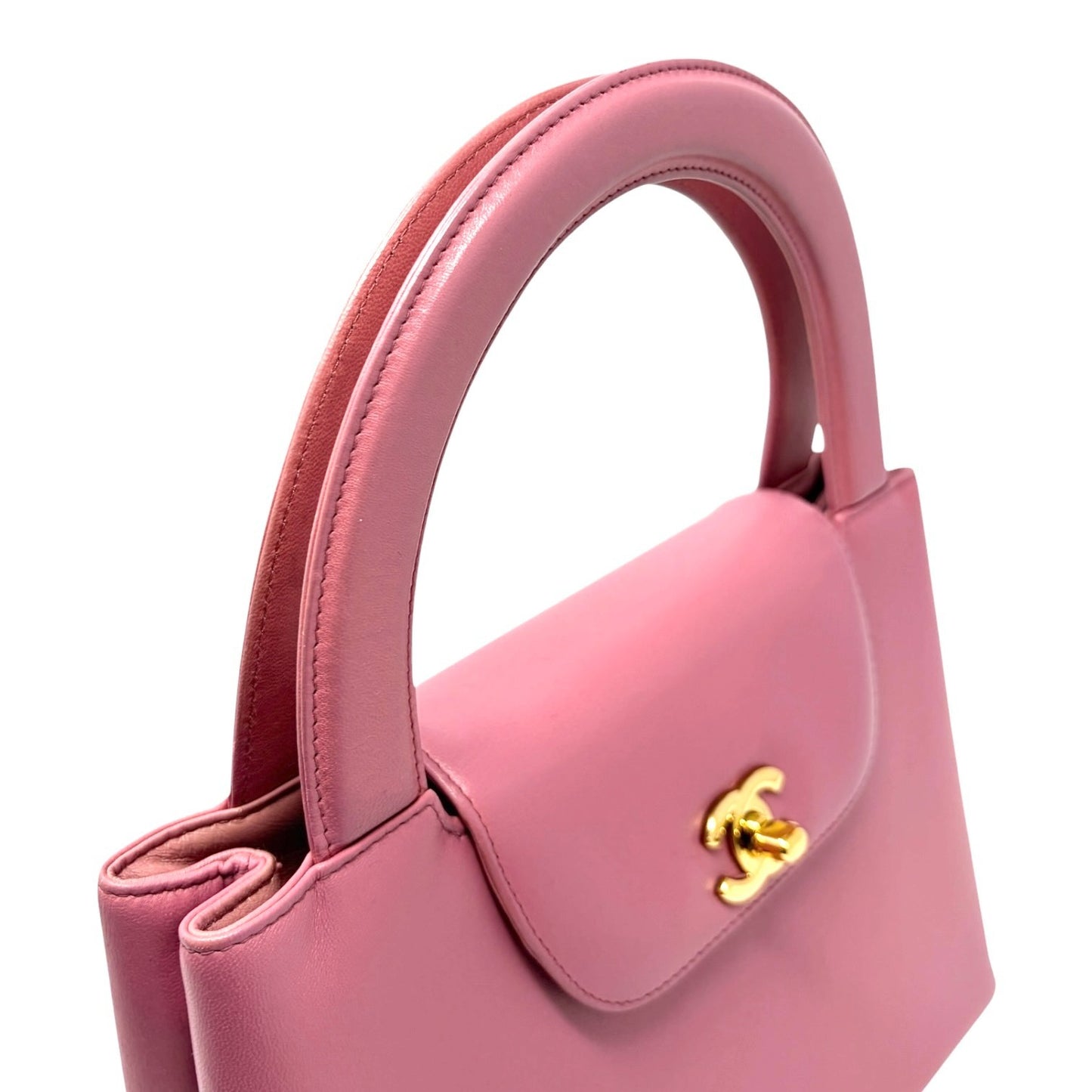 CHANEL Vintage CC Logo Turnlock Top Handle Flap Bag Pink Gold Leather Handbag