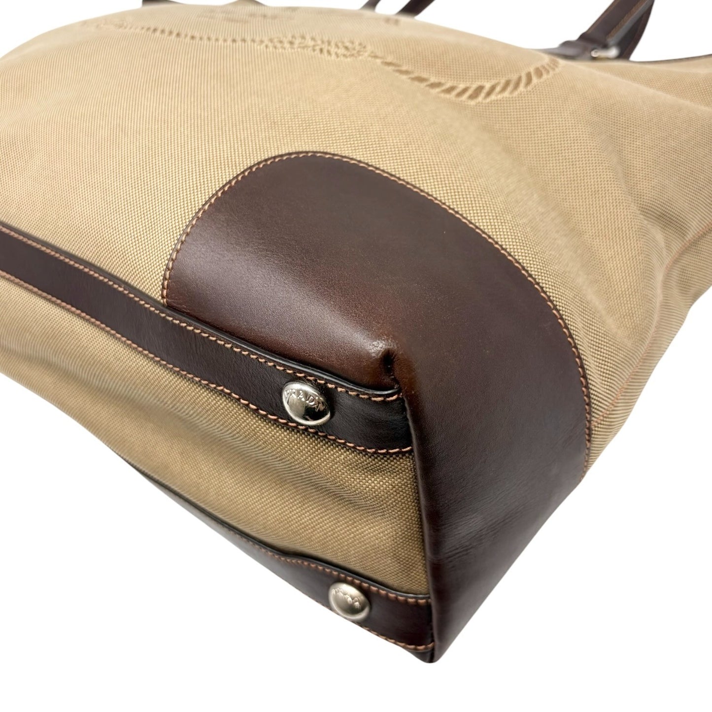 PRADA Vintage Jacquard Logo Tote Bag Brown Silver Canvas Leather 902047
