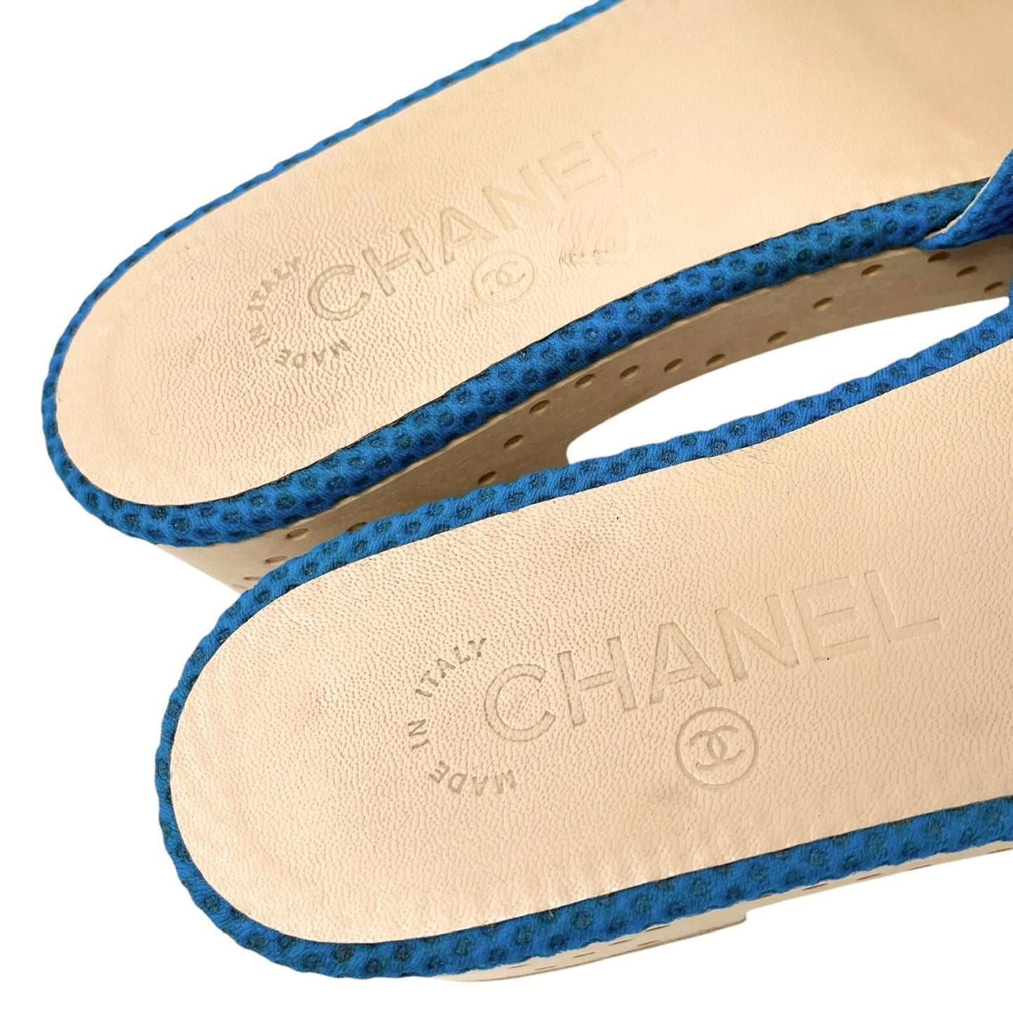 CHANEL Vintage CC Mark Logo Sandals #36.5-37 Mesh Blue White Cotton Leather