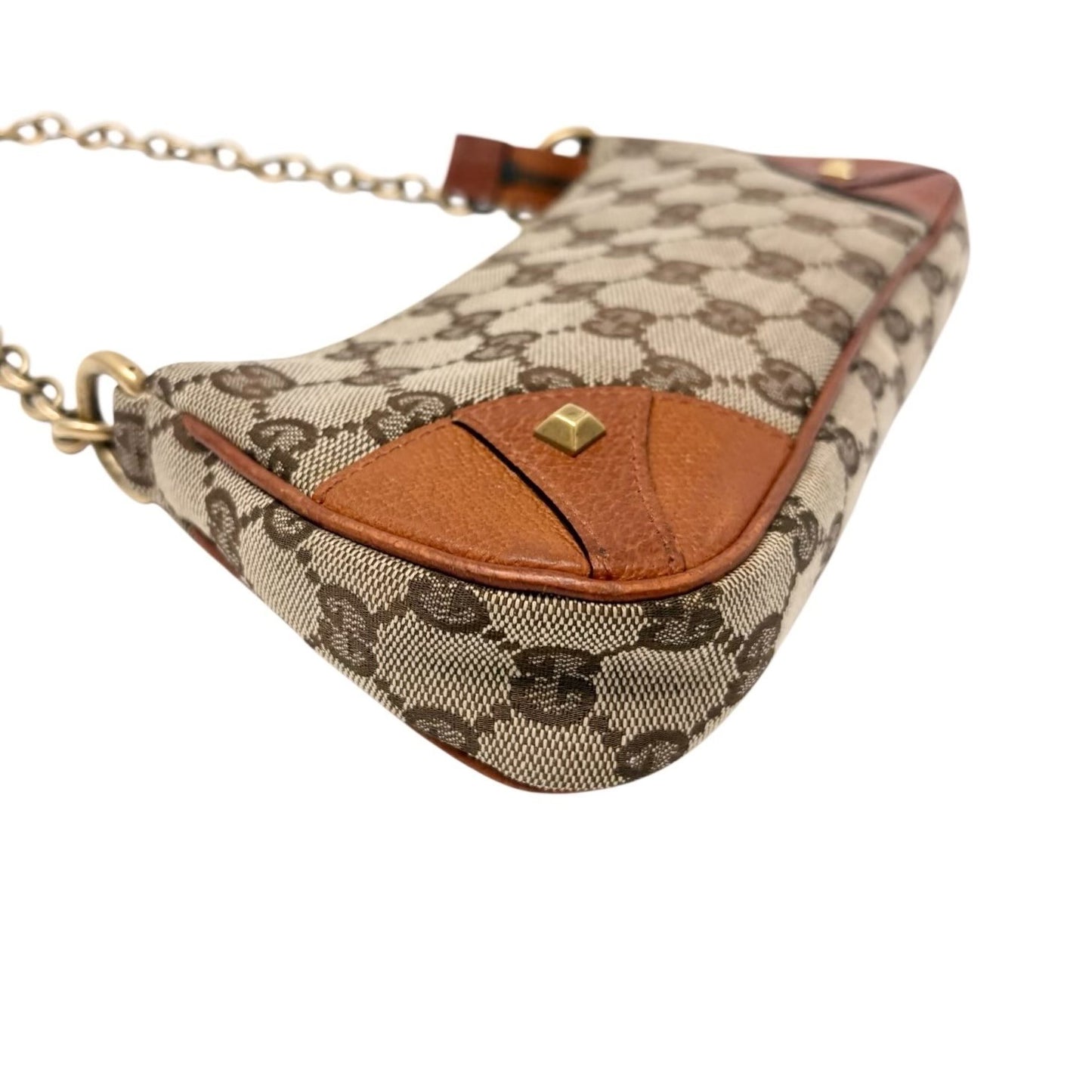 GUCCI Vintage GG Canvas Monogram Chain Shoulder Bag Pouch Beige Gold Leather