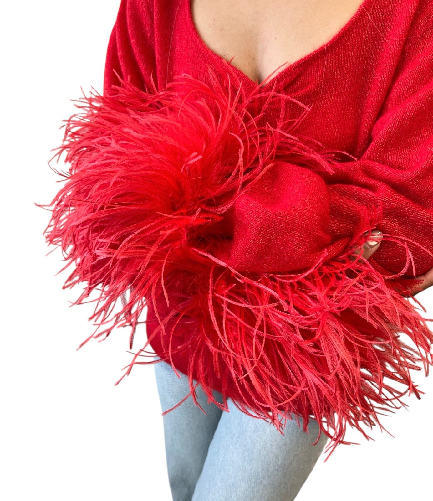 GUCCI Vintage Logo Feather Fur Trimmed Sweater Knit Top #M Red Mohair Silk Wool