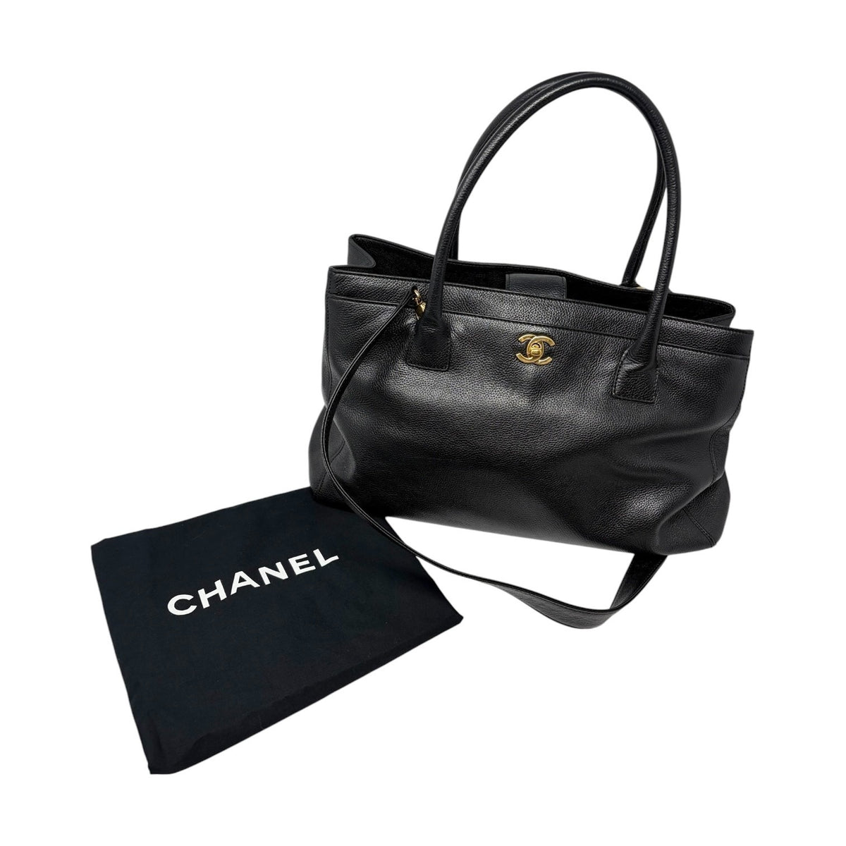 CHANEL CC Turnlock Executive Tote Shoulder Bag Black Gold Leather 902459