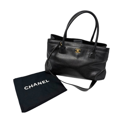 CHANEL CC Turnlock Executive Tote Shoulder Bag Black Gold Leather 902459