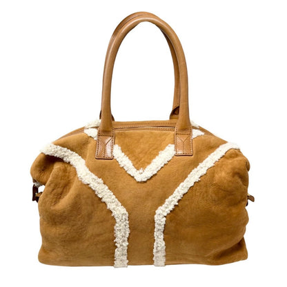 Yves Saint Laurent Vintage YSL Logo Boa Boston Bag Brown Cream Suede 902808