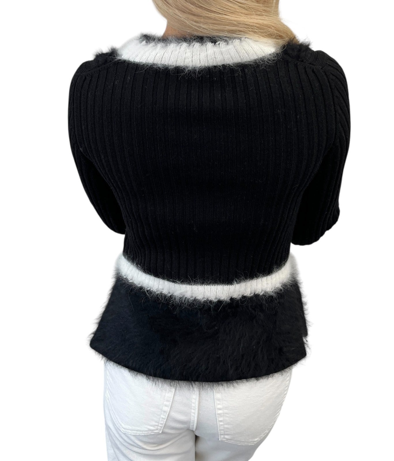 CHANEL Vintage 02A CC Logo Fur Knit Sweater Top #38 Black White Wool 901976