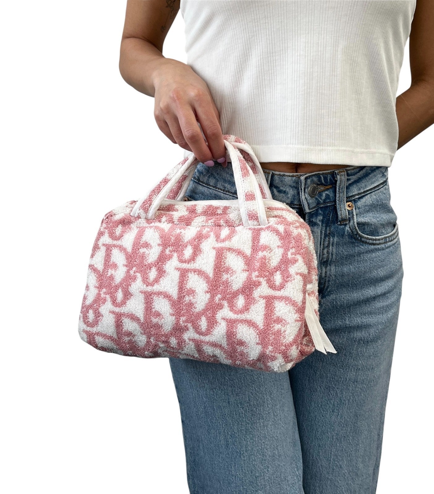 Christian Dior Vintage Trotter Monogram Terry Cloth Mini Bag Pink White 902581
