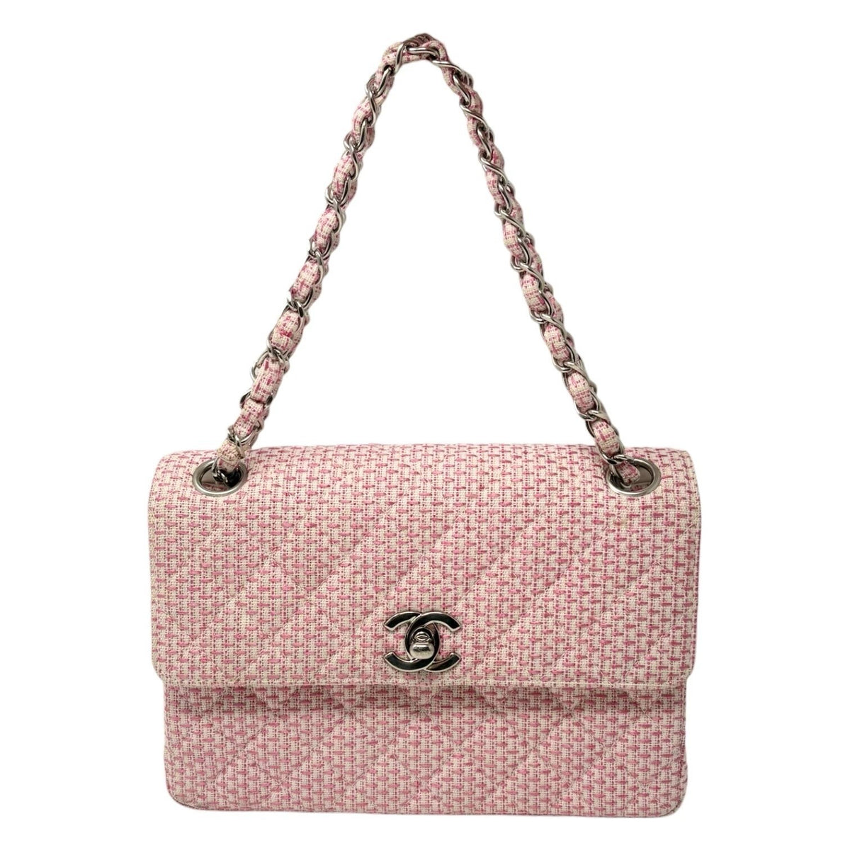 CHANEL Vintage CC Logo Quilted Chain Shoulder Bag Pink Cream Tweed 902313