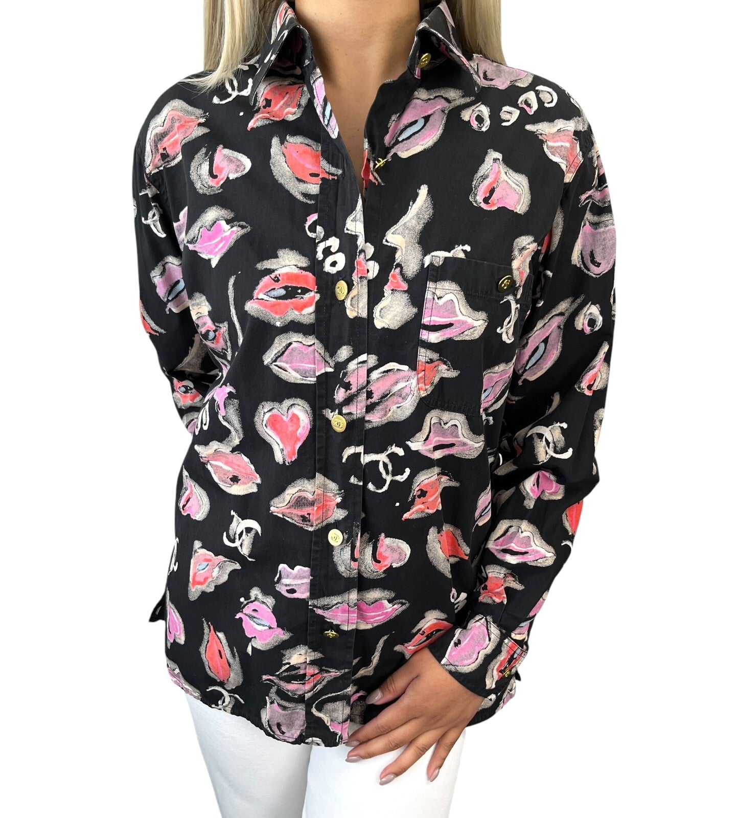 CHANEL Vintage 1995 CC Logo Lip Print Shirt Blouse Top Button Black Pink Cotton