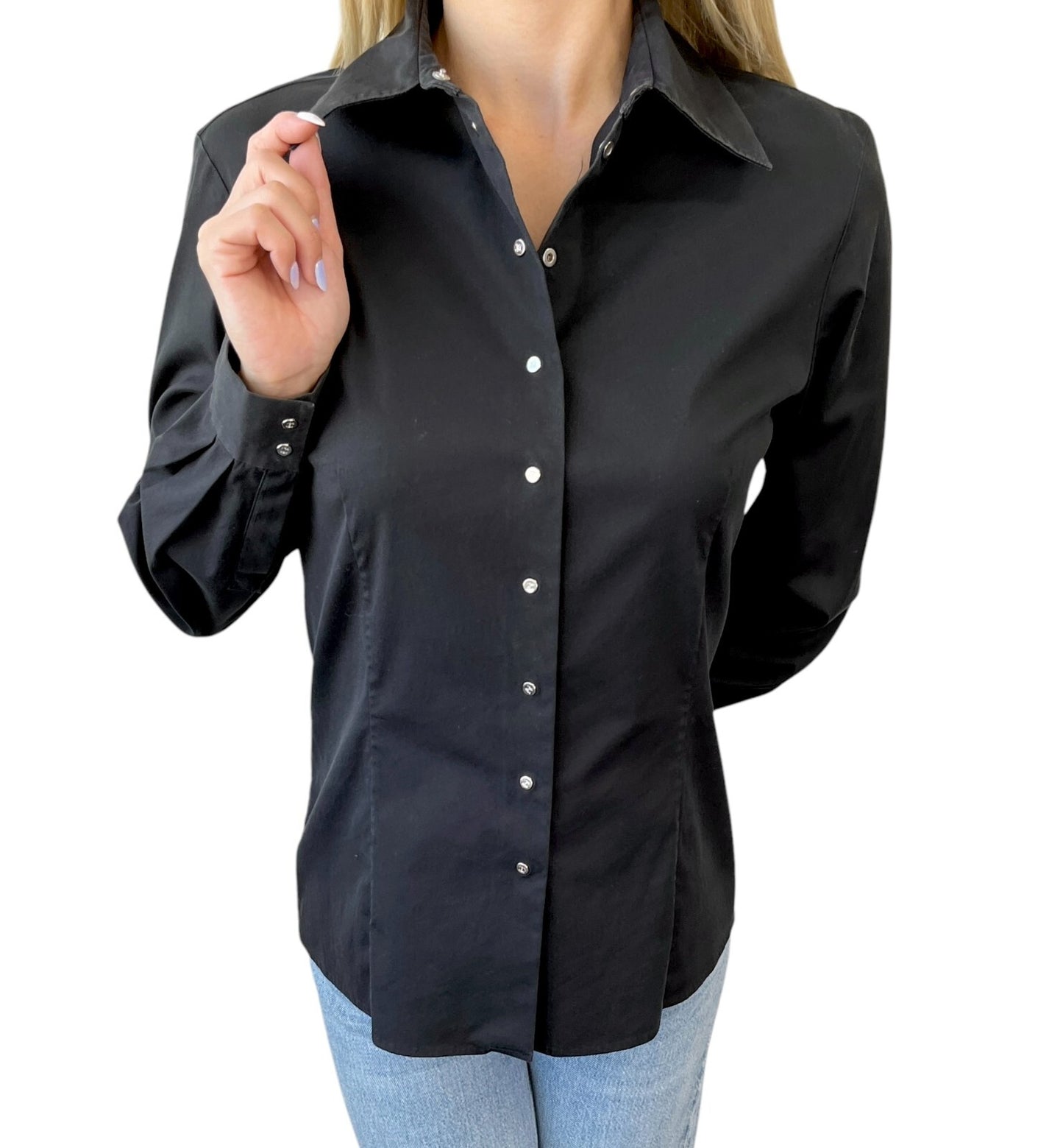 CELINE Vintage Macadam Logo Black Shirt #38 Blouse Top Black Silver Cotton
