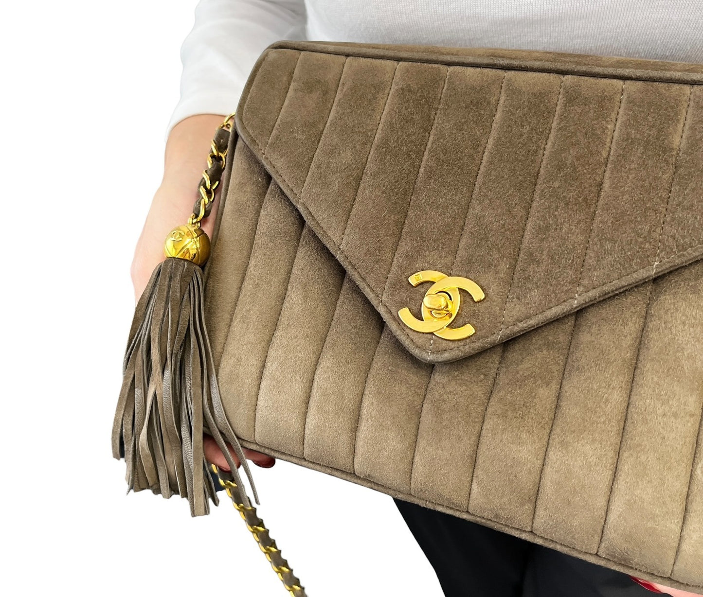 CHANEL Vintage CC Logo Quilted Fringe Chain Shoulder Bag Khaki Gold Suede