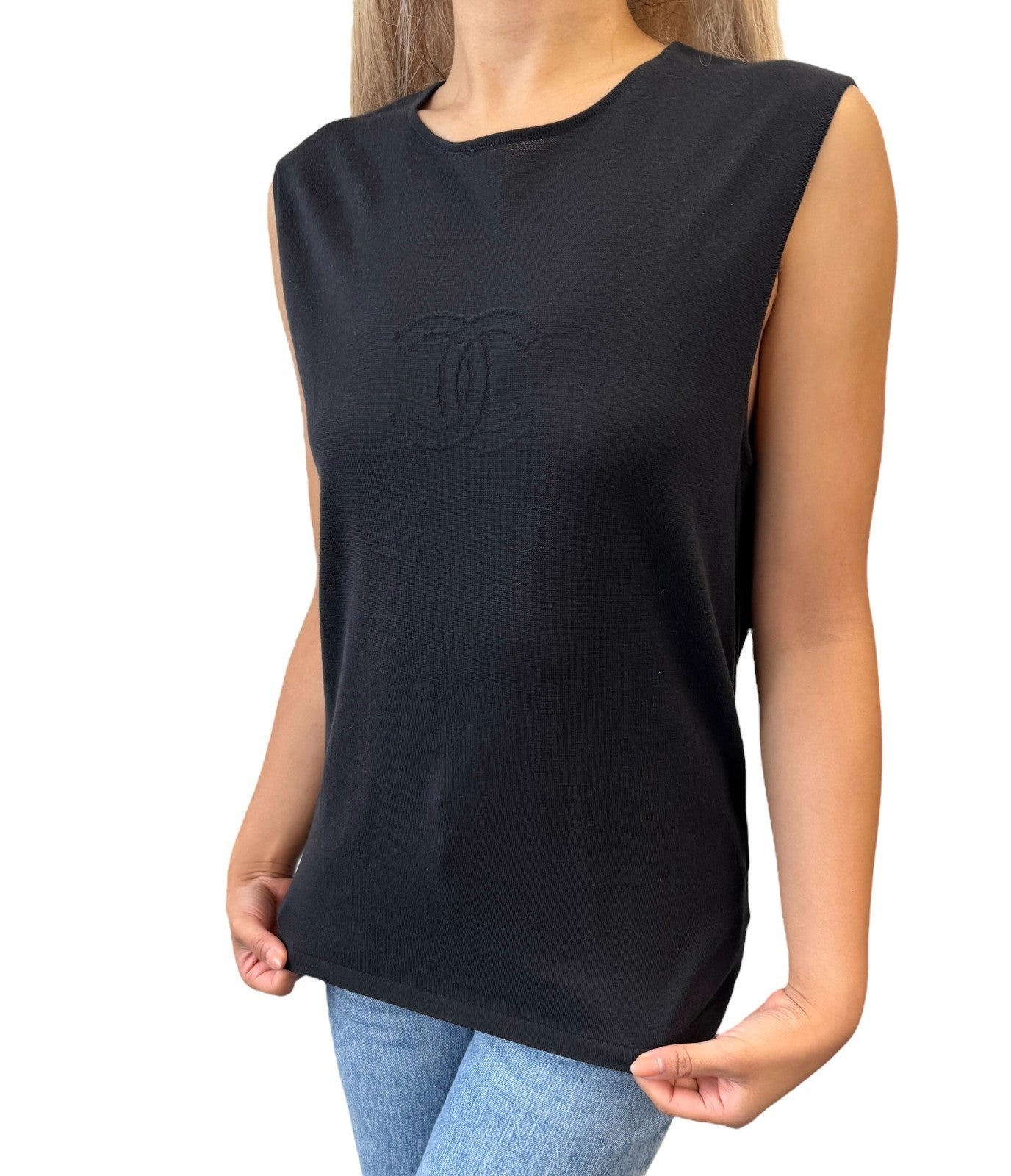 CHANEL Vintage 05C CC Logo T-shirt Knit Tank Top #42 Black Cotton Stitch