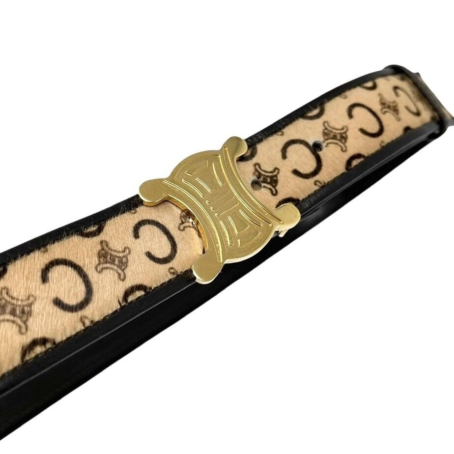 CELINE Vintage Macadam Logo Belt #32/80 Fashion Accessory Brown Gold Calf Hair