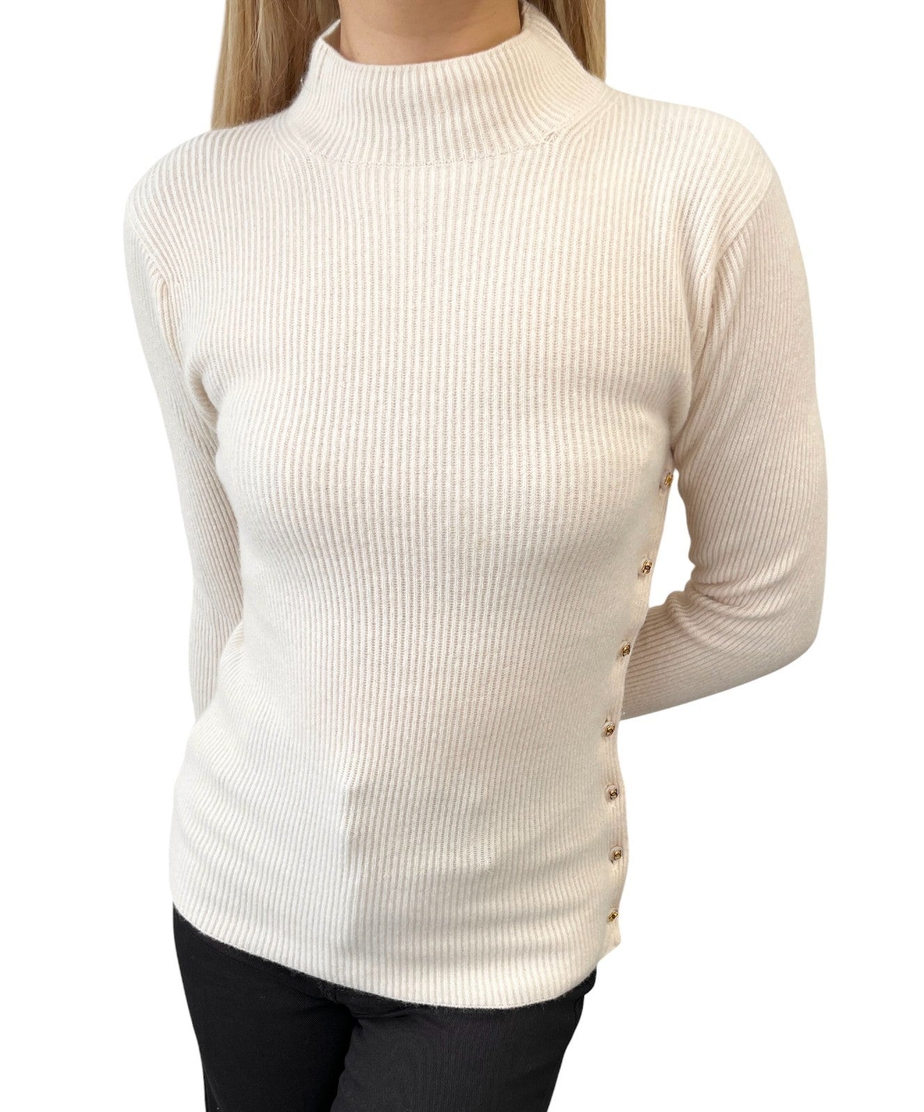 CHANEL Vintage CC Logo Button Rib Knit Cashmere Sweater Top #S Cream 106909