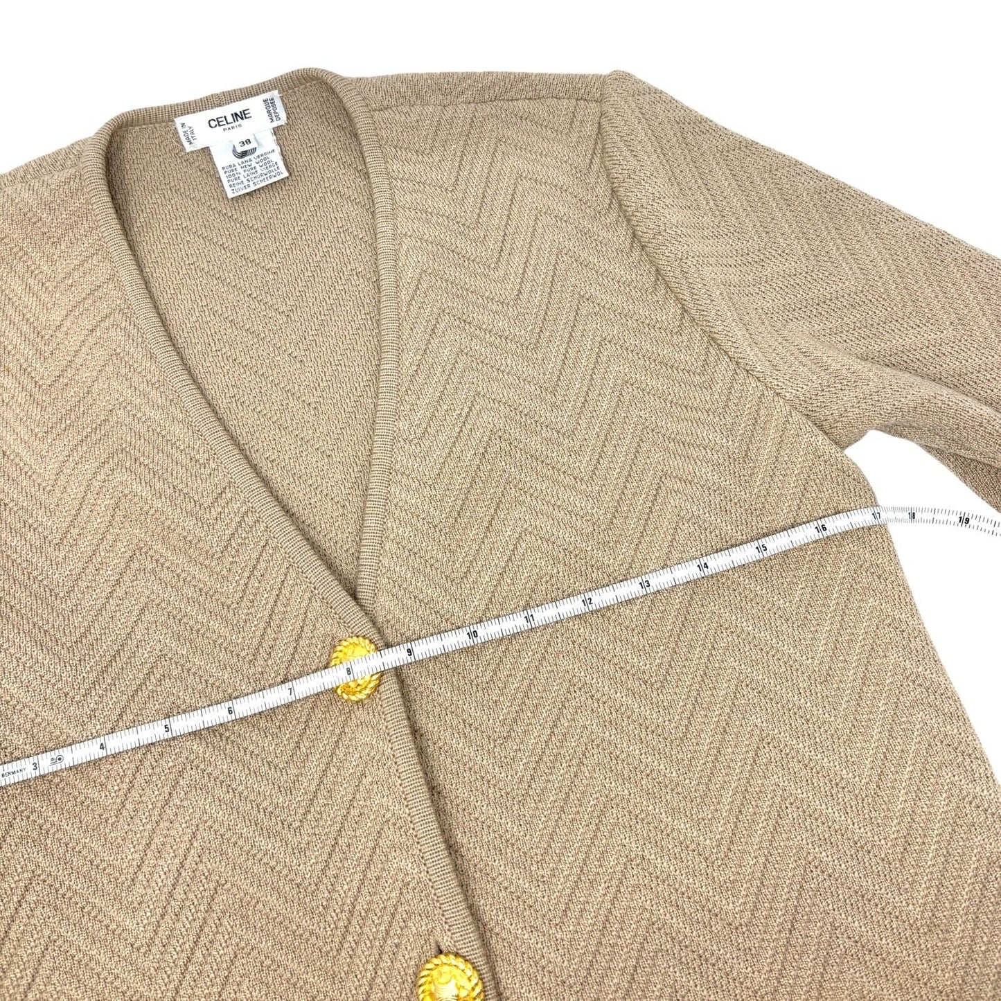 CELINE Vintage Macadam Logo Rib Knit Cardigan #38 Button Light Brown Gold Wool