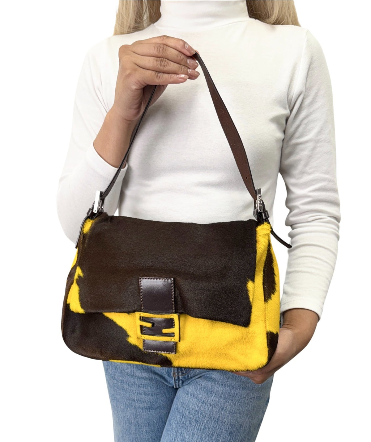 FENDI Vintage FF Mamma Baguette Cow Pony Calf Hair Bag Yellow Brown 902908
