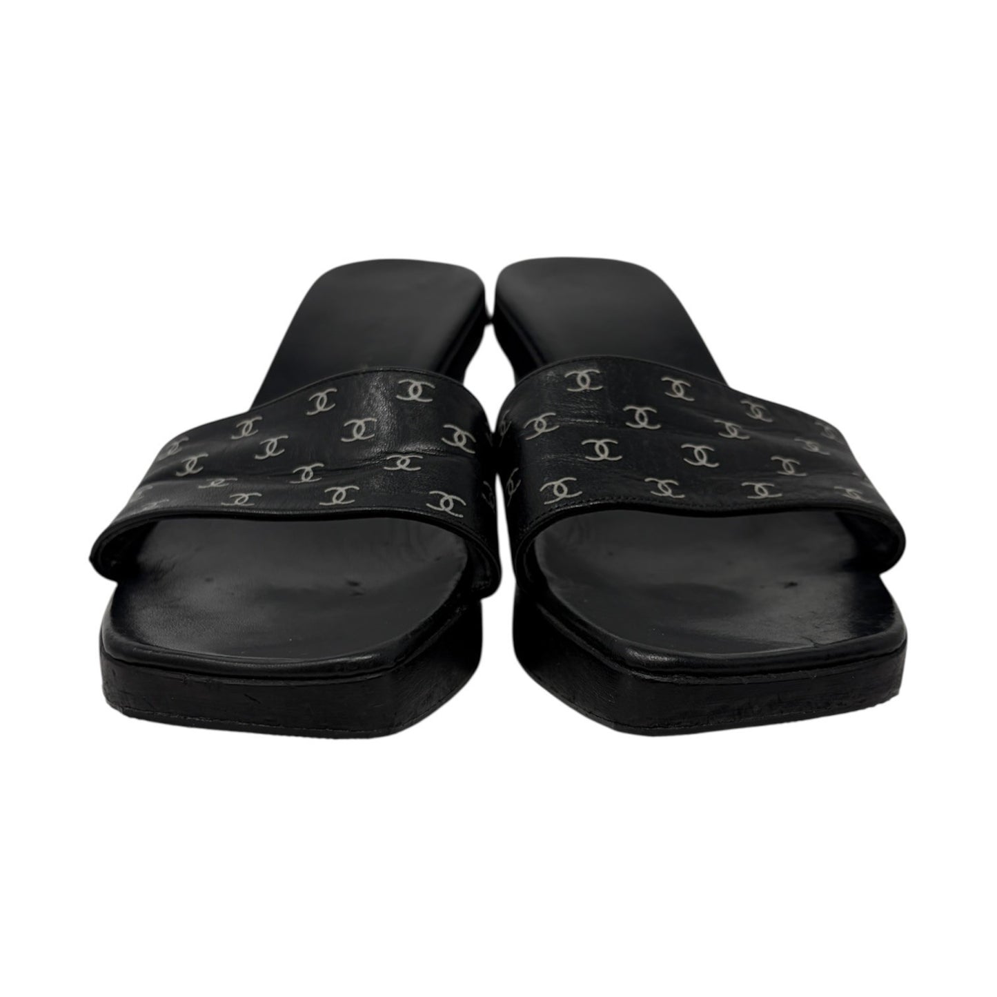 CHANEL Vintage CC Logo Open Toe Sandals Mule Heels #36 Black White Leather