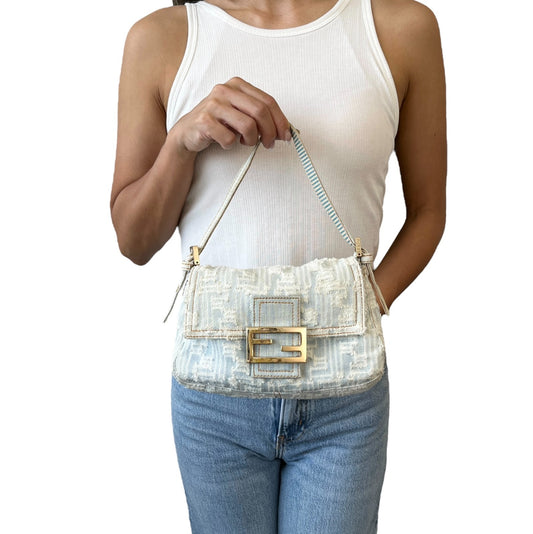 FENDI Vintage FF Zucca Monogram Denim Mamma Baguette Shoulder Bag Blue 902483