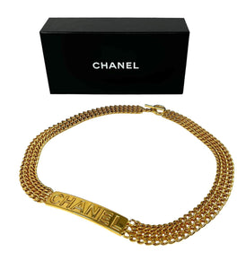 CHANEL Vintage 98P Chain Belt Logo Plate Accessory Gold Metal Rank AB+