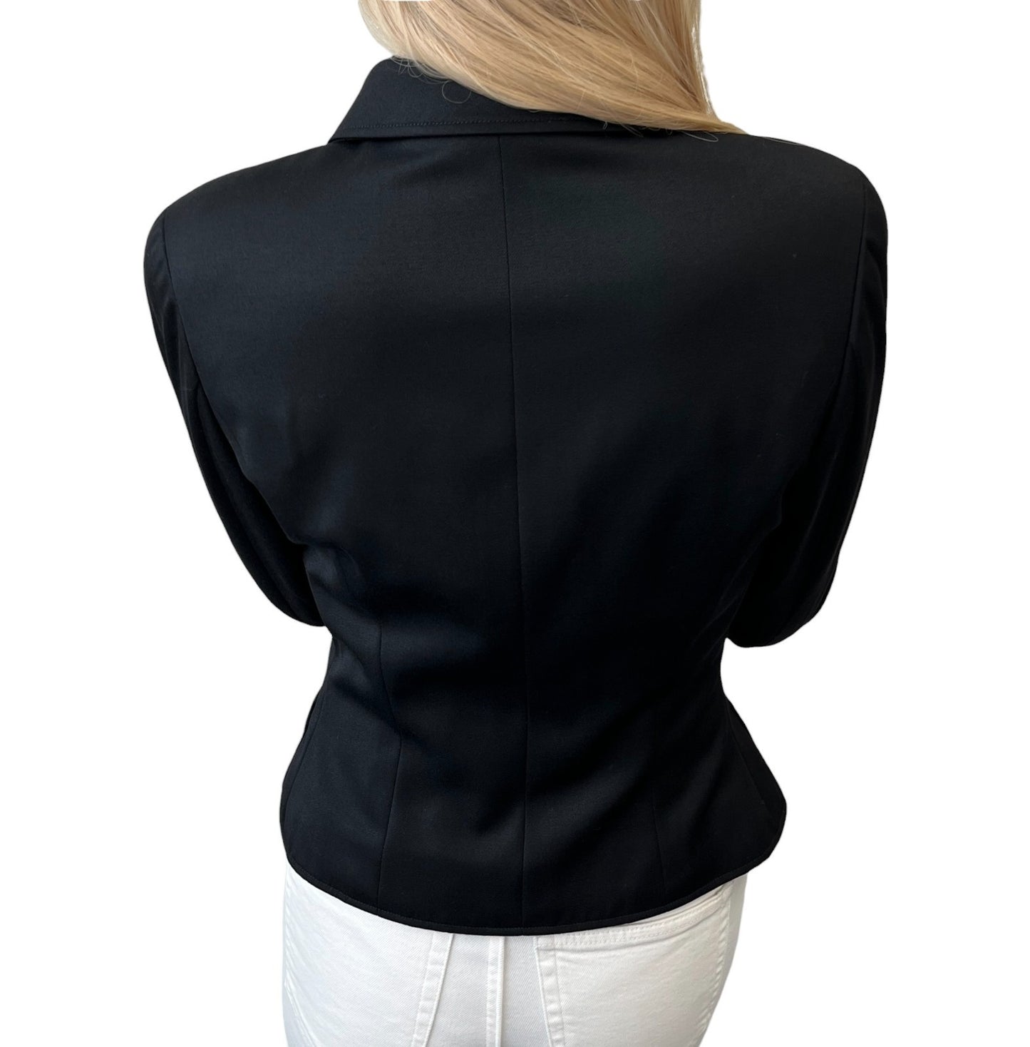 CHANEL Vintage 97P CC Logo Button Cropped Jacket #38 Black Gold Pockets 901921