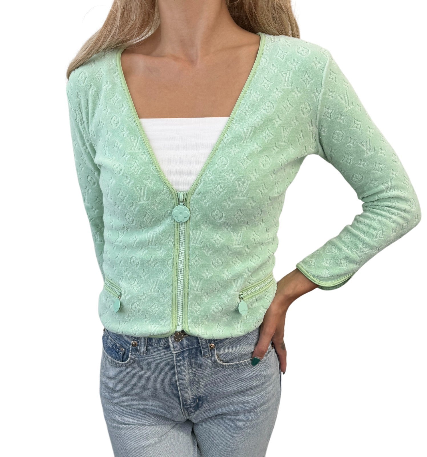 LOUIS VUITTON Vintage LV Monogram Zipped Jacket #40 Light Green Cotton Velour