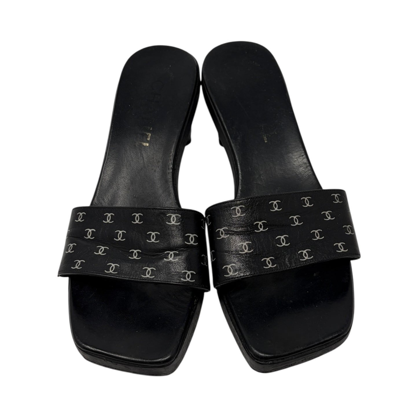 CHANEL Vintage CC Logo Open Toe Sandals Mule Heels #36 Black White Leather
