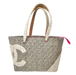 CHANEL Vintage Big CC Logo Cambon Line Tweed Tote Bag Gray Pink Wool Rank AB