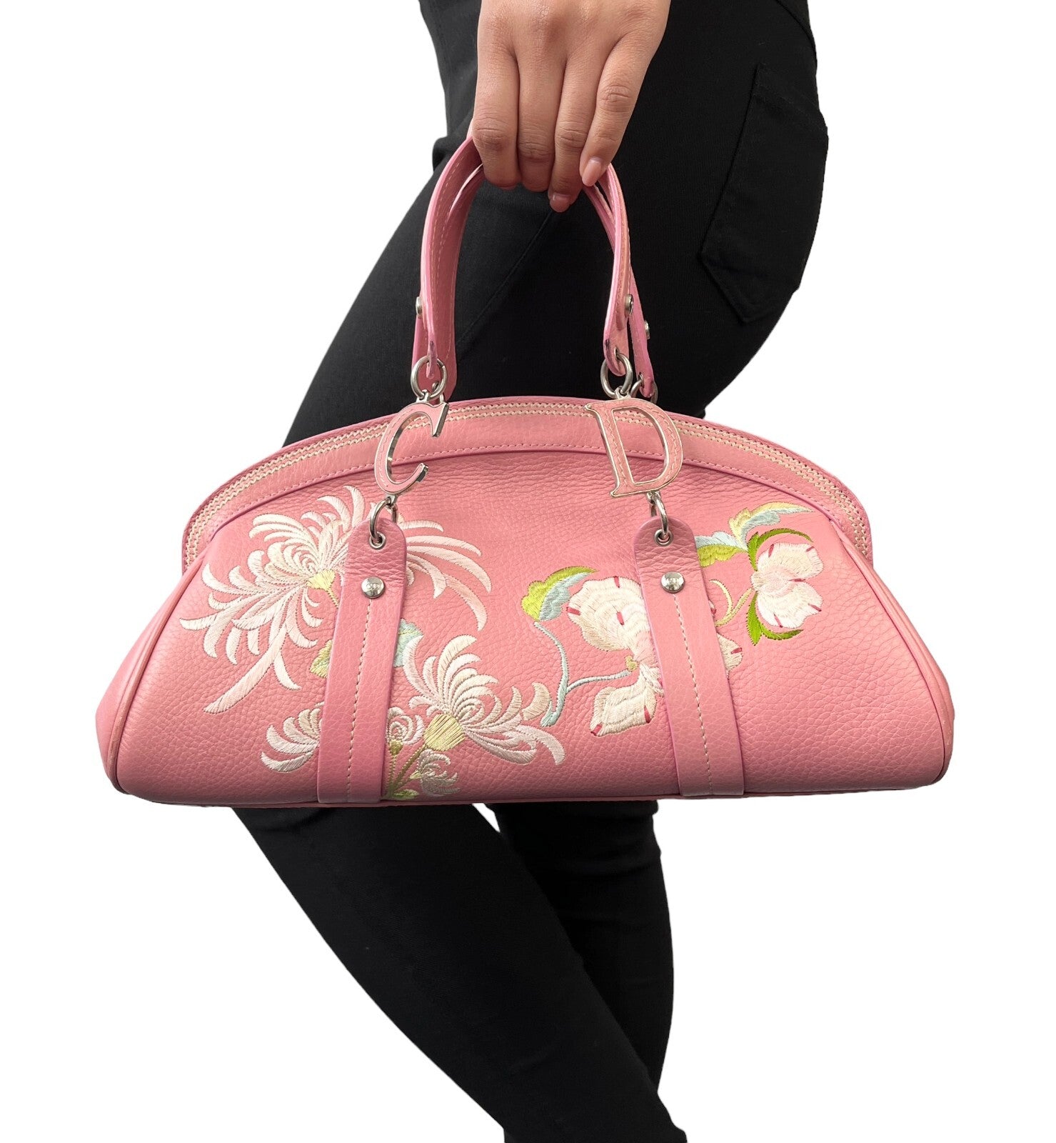 Christian Dior Vintage 2005 Logo Embroidered Mini Boston Bag Pink Silver Leather