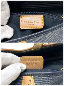 Christian Dior Vintage Double Saddle Bag Denim Dark Blue Brown Cotton Rank AB