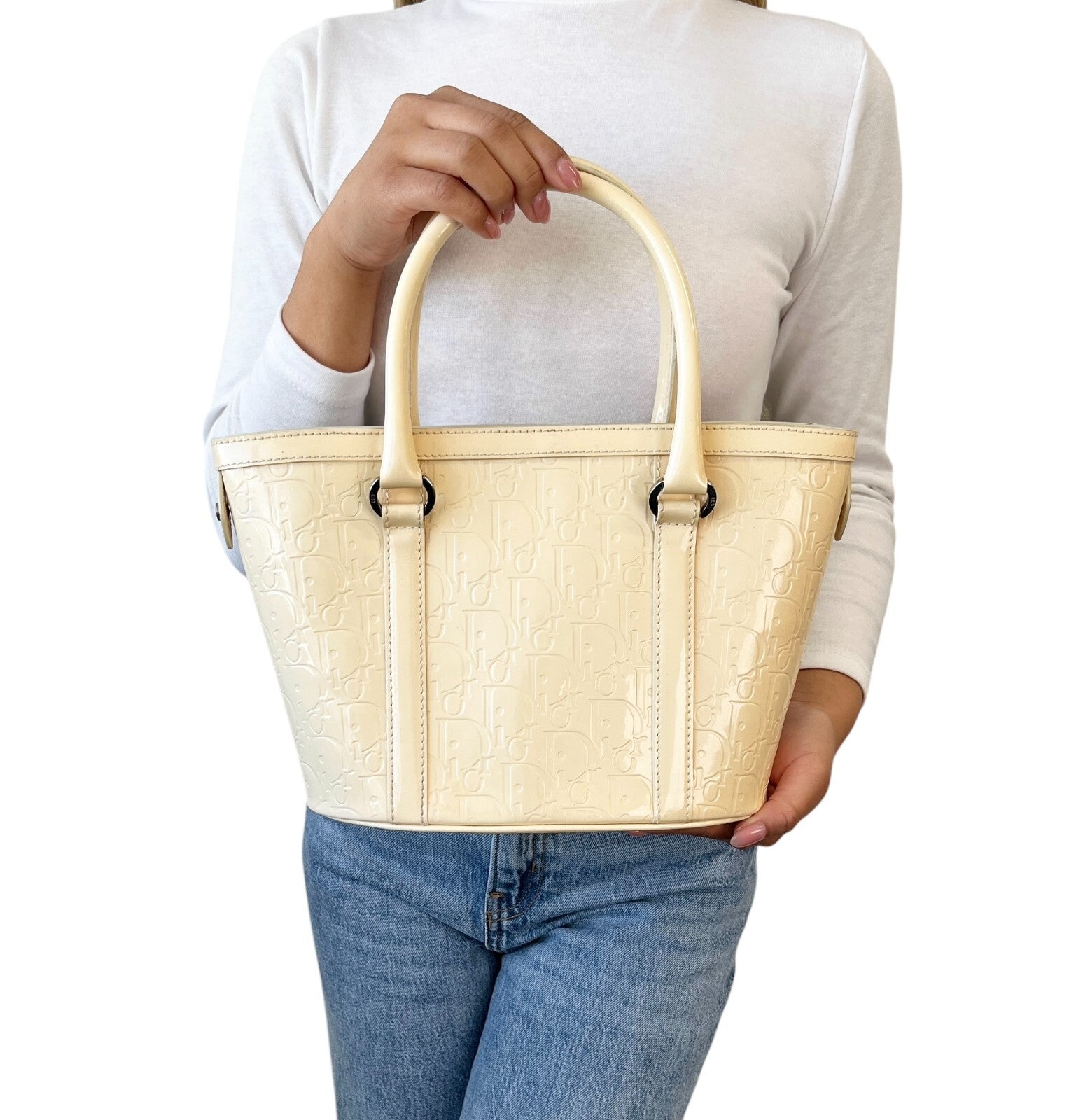 Christian Dior Vintage 2008 Trotter Monogram Tote Bag Cream Patent Leather