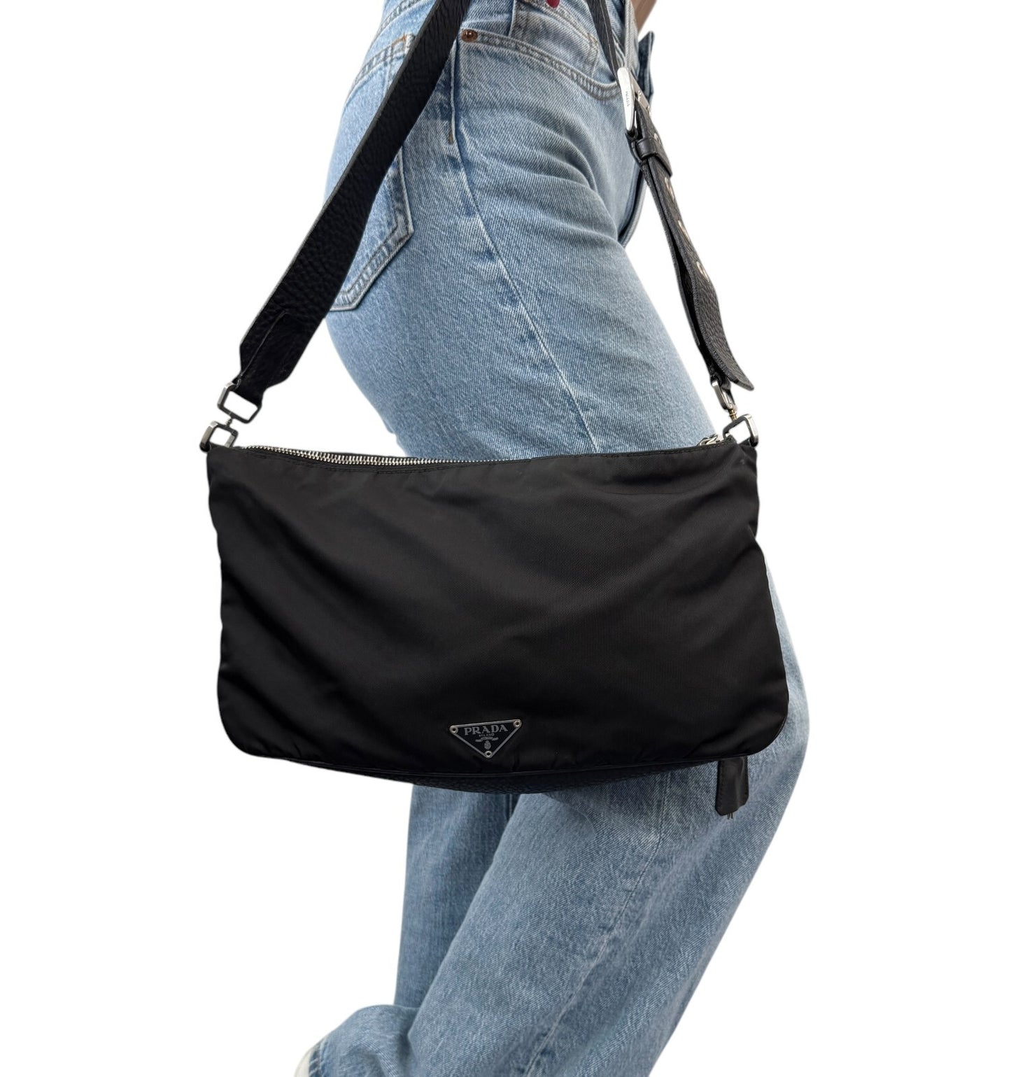 PRADA Vintage Logo Shoulder Bag Zip Padlock Black Silver Nylon Leather