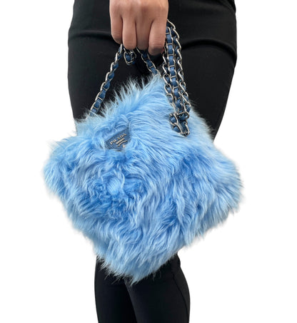 PRADA Vintage Logo Pelliccia Chain Shoulder Bag Mini Pouch Blue Faux Fur 902321