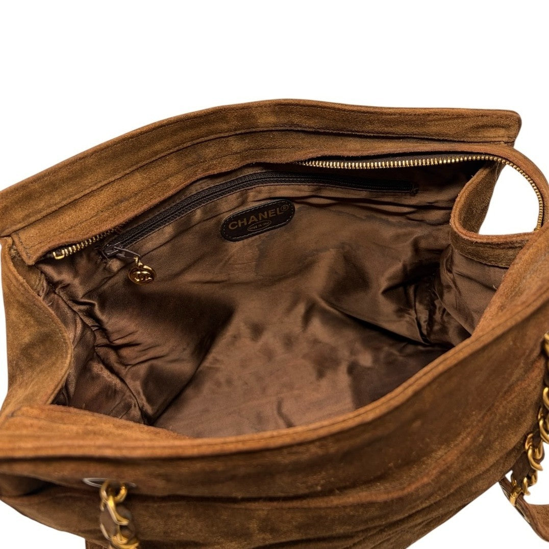 CHANEL Vintage CC Logo Suede Chain Tote Shoulder Bag Brown Gold 902488