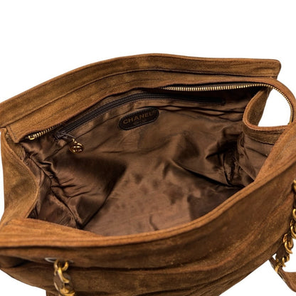 CHANEL Vintage CC Logo Suede Chain Tote Shoulder Bag Brown Gold 902488