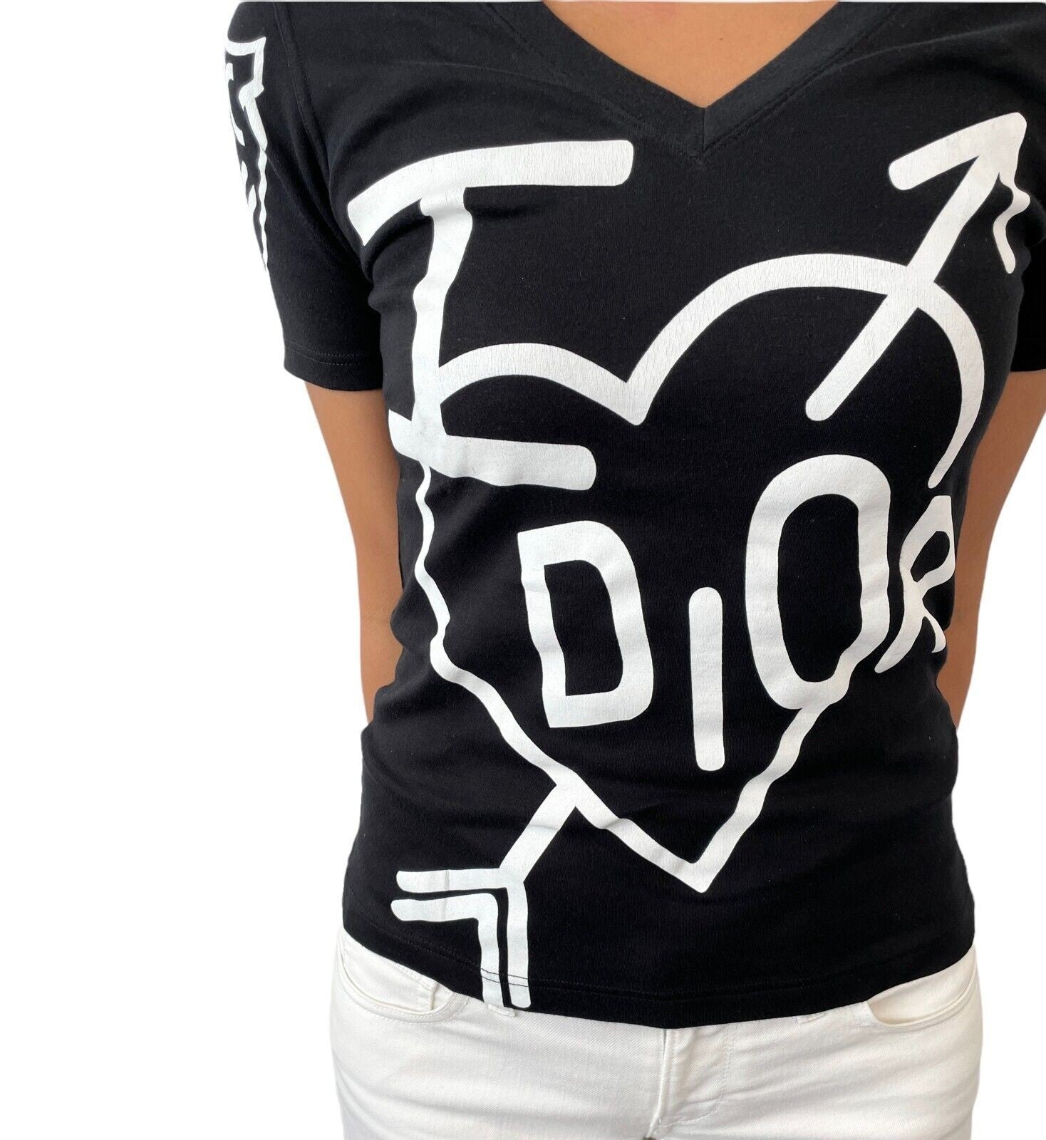 Christian Dior Vintage 2004 Big Logo T-shirts Top #40 Black White Cotton Heart
