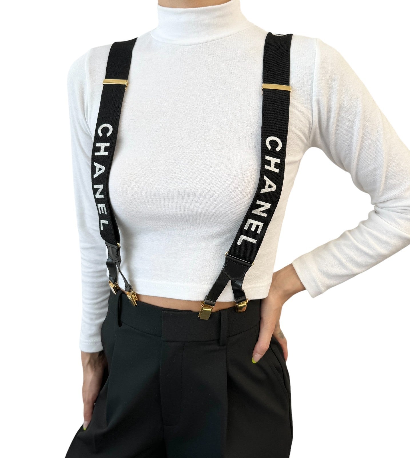 CHANEL Vintage 1994 CC Logo Letter Suspender Belt Black White Cotton Leather