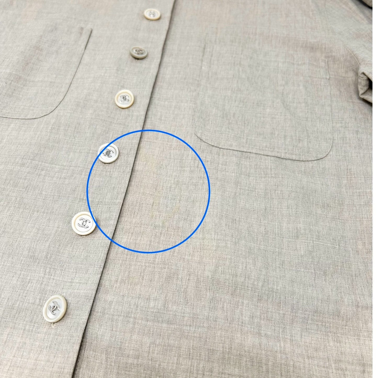 CHANEL Vintage CC Logo Button Up Shirt Blouse Top Beige Front Pocket Wool