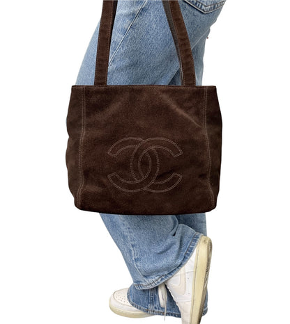 CHANEL Vintage Stitch CC Logo Suede Tote Shoulder Bag Dark Brown 902336