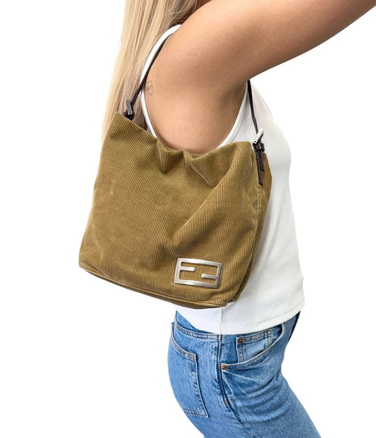 FENDI Vintage FF Logo Corduroy Pochette Shoulder Bag Beige Silver Brown 901847