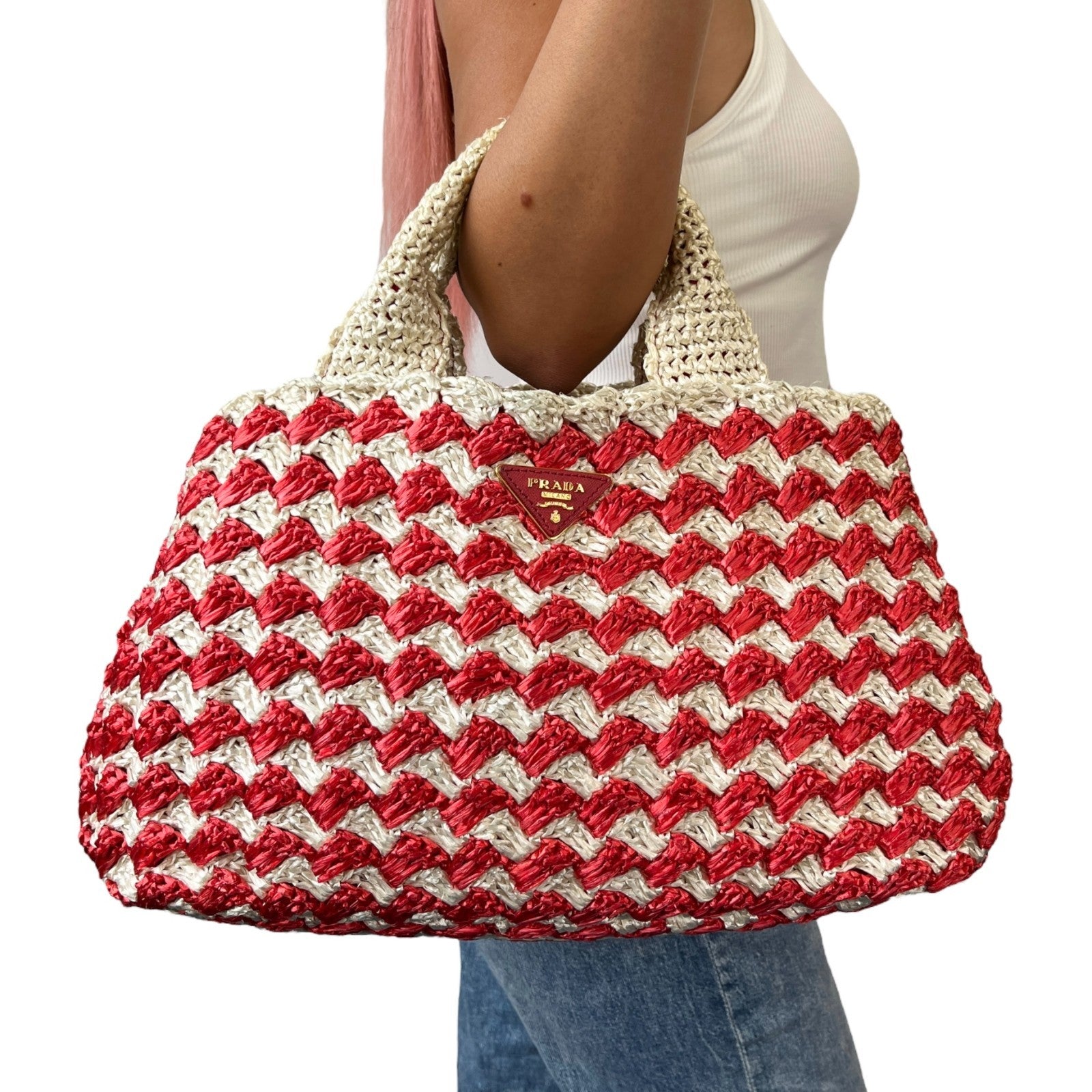 PRADA Vintage Logo Raffia Tote Bag Handbag Red Cream Gold Polyethylene