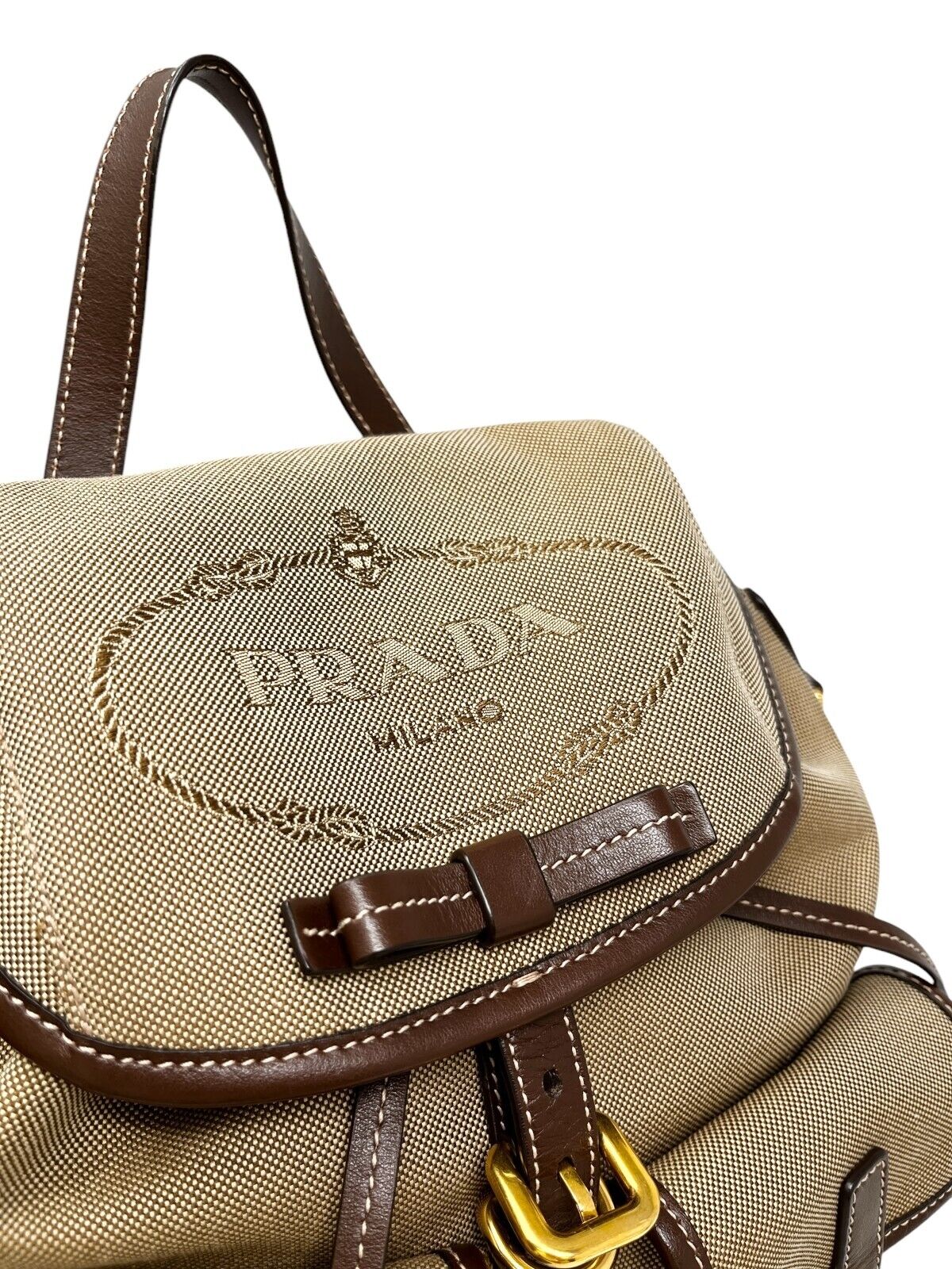 PRADA Vintage Logo Jacquard Backpack Brown Gold Canvas Leather Magnetic Zip