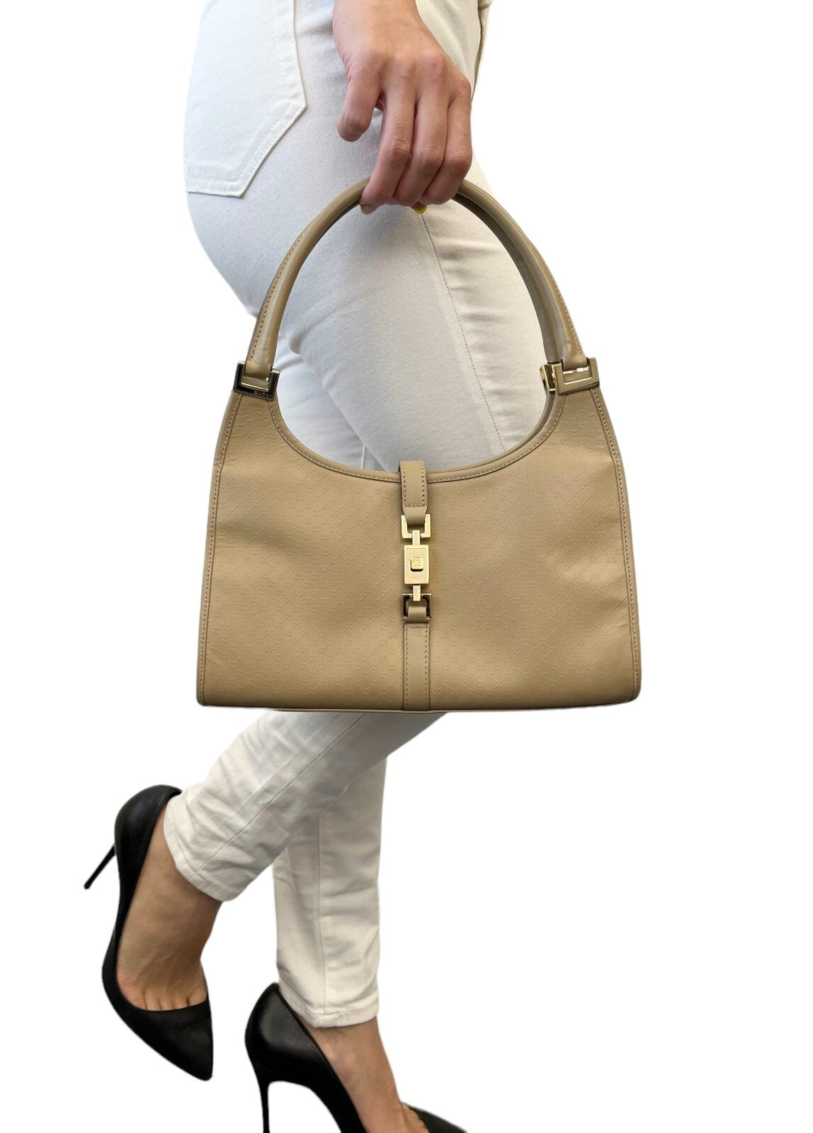 GUCCI Vintage Micro GG Monogram Logo Jackie Mini Bag Beige Gold Leather
