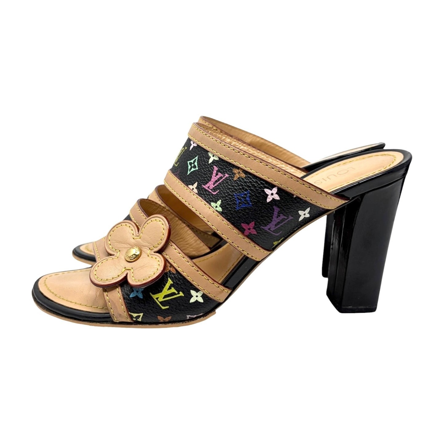 LOUIS VUITTON Vintage Monogram Multicolor Flower Sandals #36 Black Beige 901839