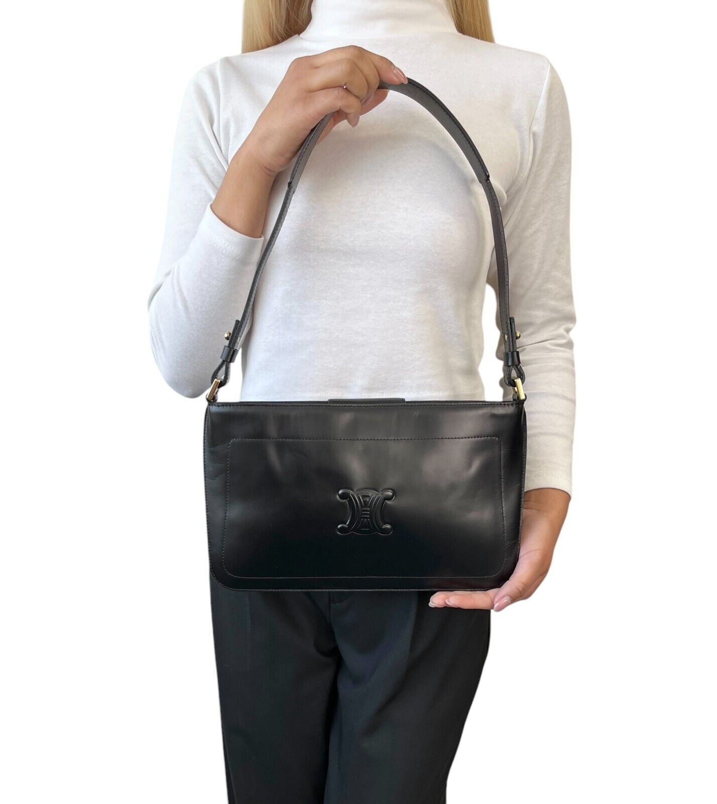 CELINE Vintage Macadam Logo Shoulder Bag Handbag Black Leather Gold Magnetic