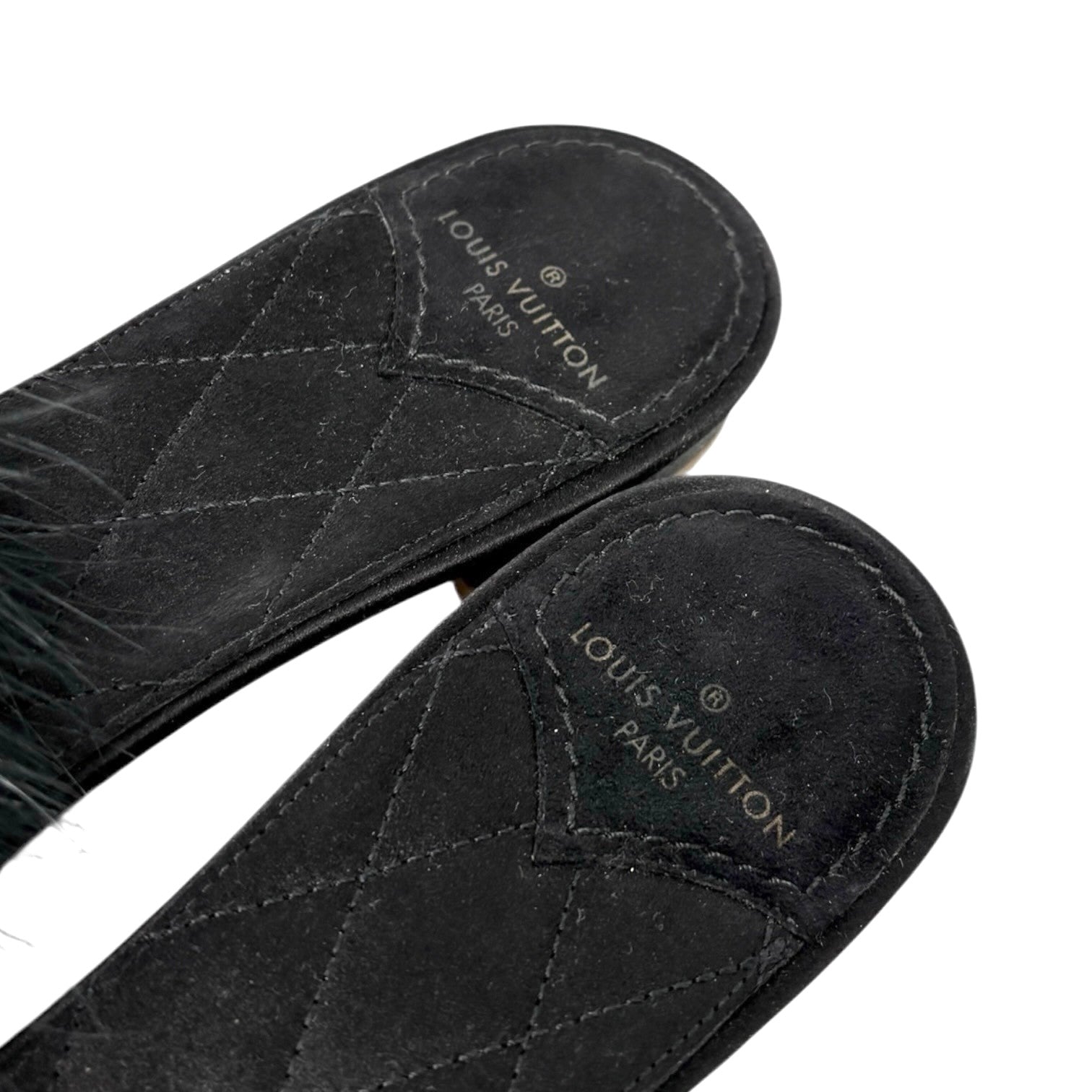 LOUIS VUITTON Vintage LV Logo Fur Flat Sandals #38 Rhinestone Black Gold Suede