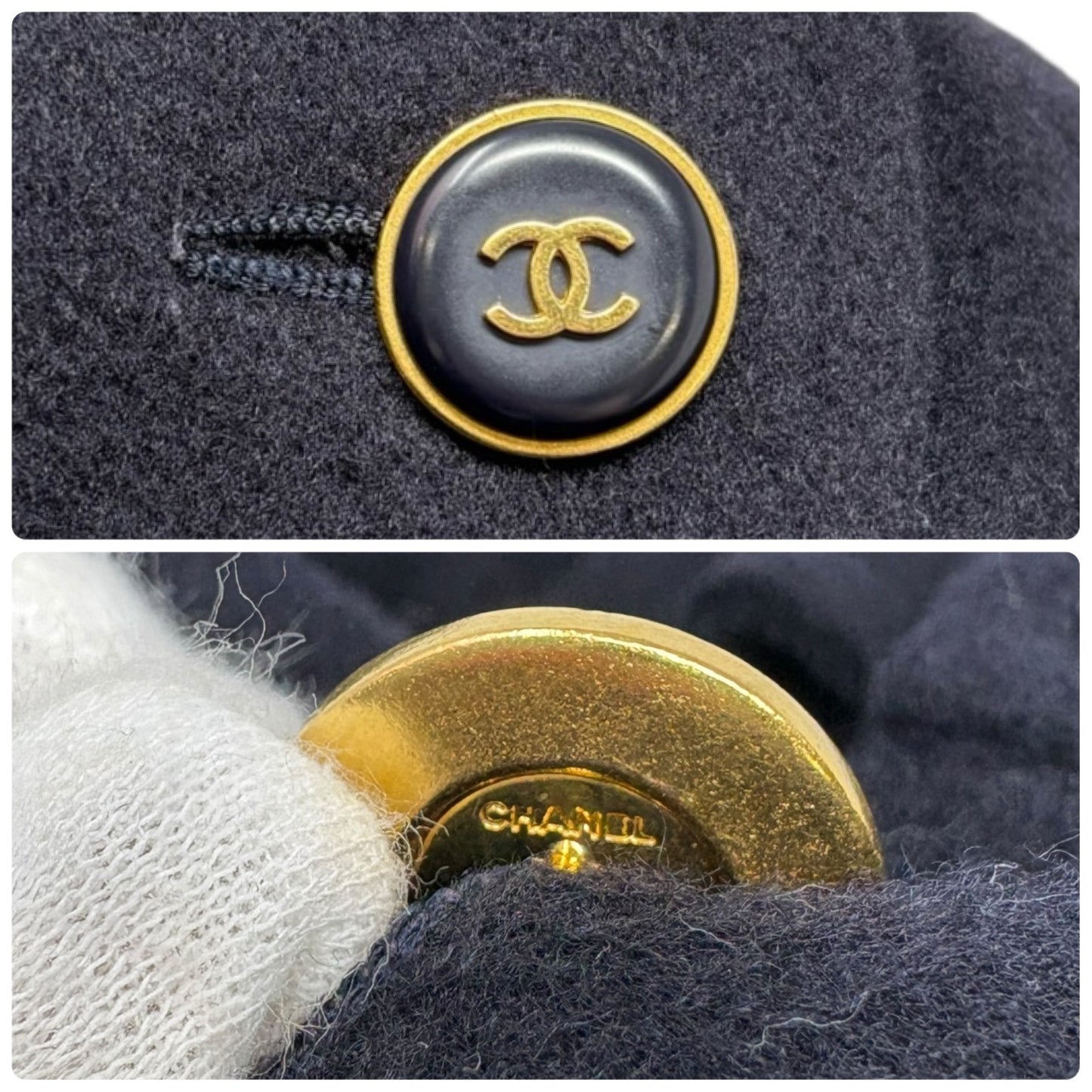 CHANEL Vinatage 95A CC Logo Button Coat Jacket #38 Cashmere Dark Blue Gold