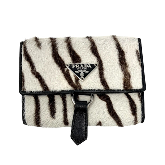 PRADA Vintage Triangle Logo Zebra Pony Hair Mini Key Case White Brown 901982