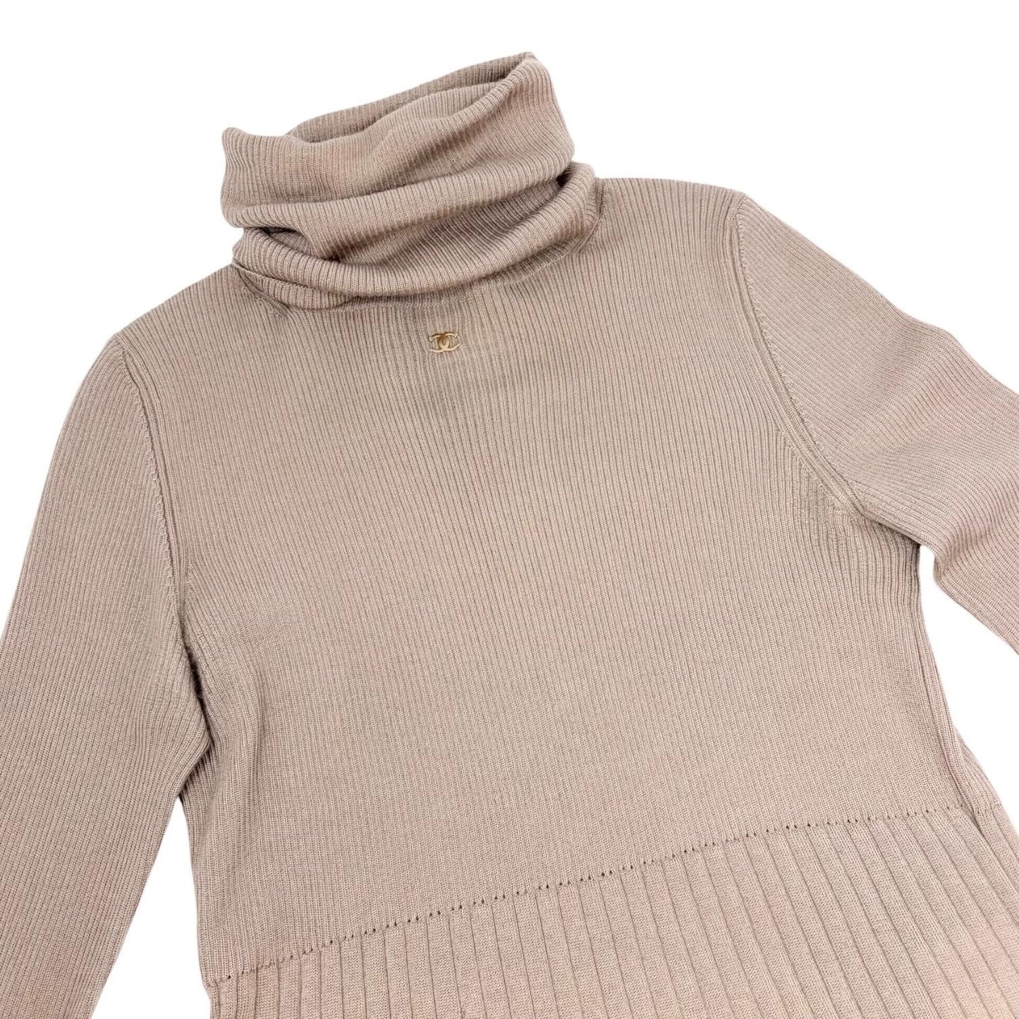 CHANEL Vintage 00A CC Logo Rib Knit Sweater Top #42 Beige Cashmere Silk 902082