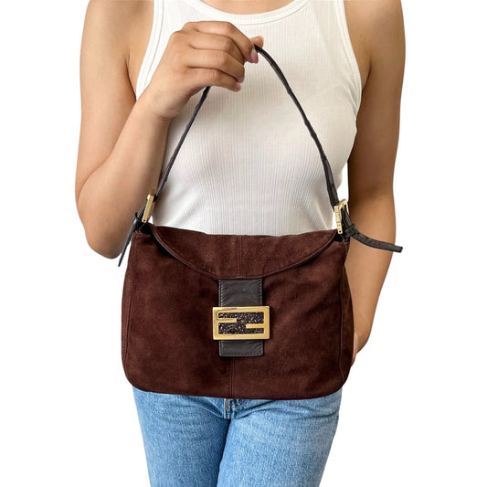 FENDI Vintage FF Glitter Mamma Baguette Shoulder Bag Brown Gold Suede 902045